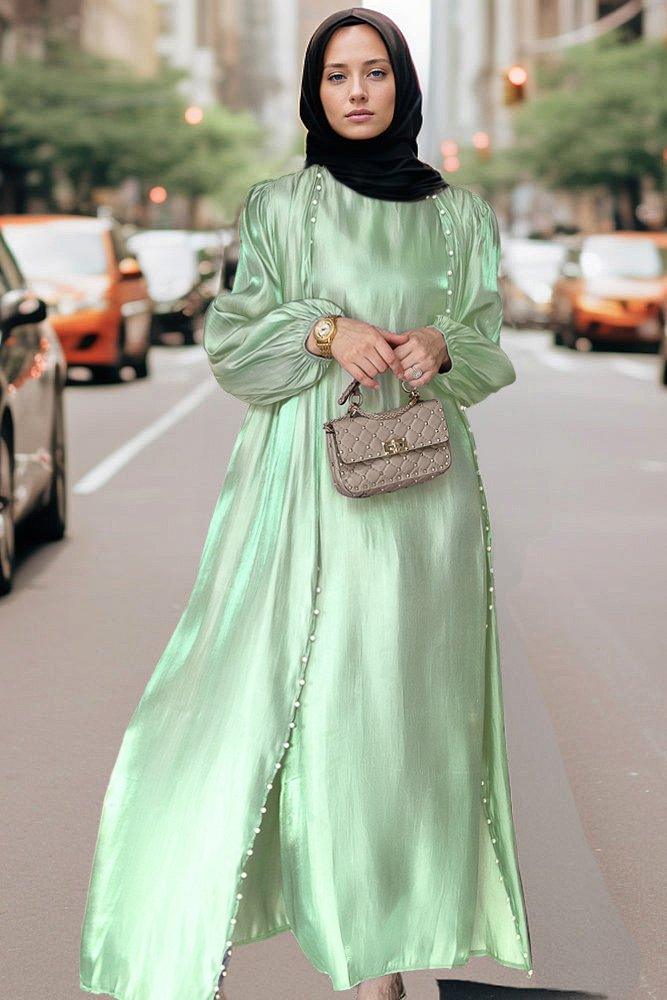 Lusindi organza like faux pearl abaya with slip dress and detachable belt ramadan eid set in