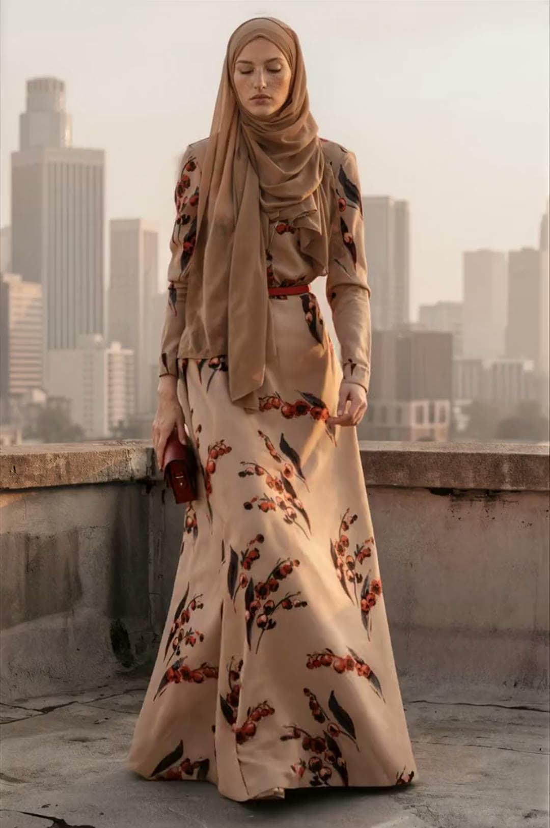 The Autumn Cherry dress on a rooftop at dusk