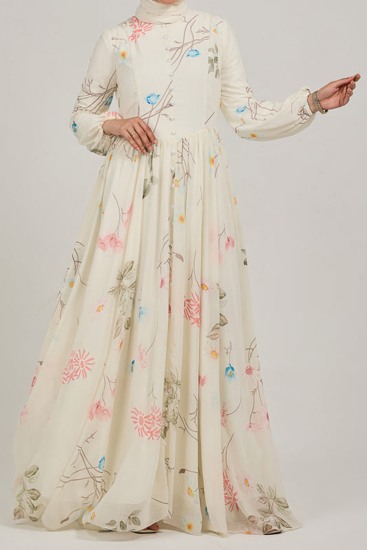 Ethereal Enchanting Blossom Chiffon Maxi Dress with Long Sleeves