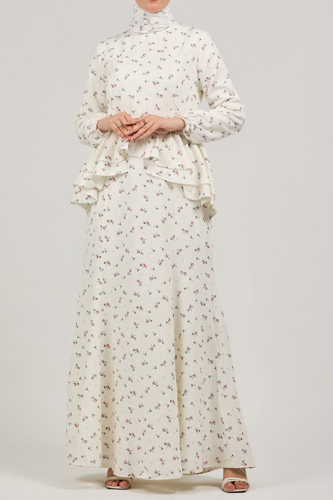 Serene Delicate Floral Crepe Polyester Maxi Dress with Layered Peplum - ANNAH HARIRI