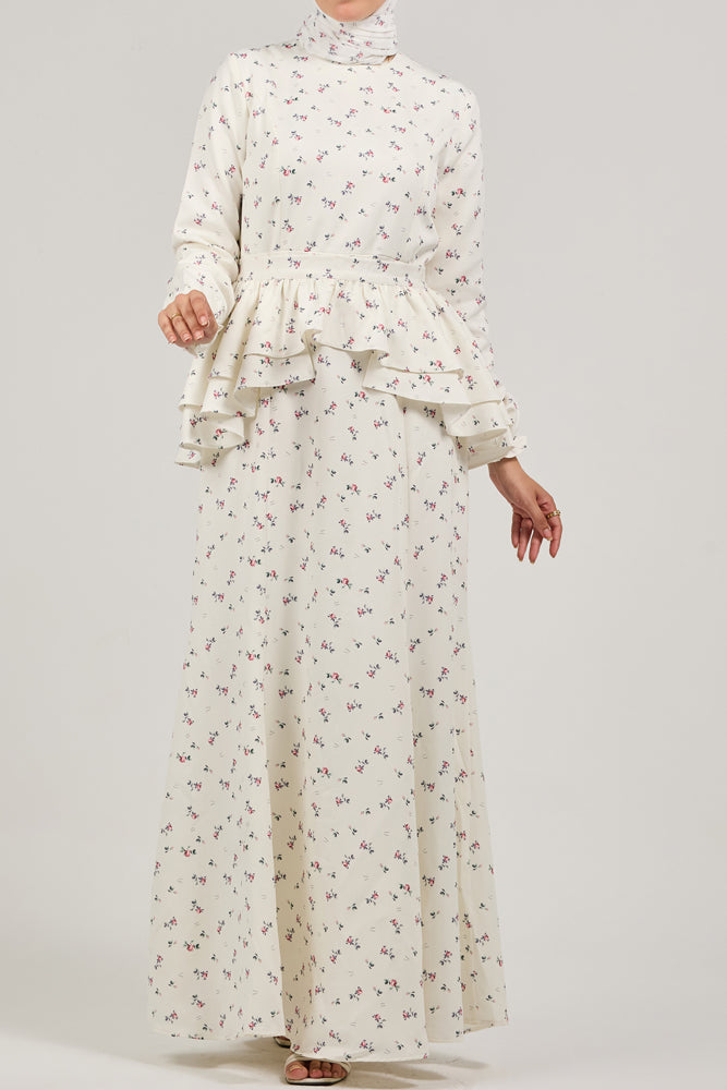 Serene Delicate Floral Crepe Polyester Maxi Dress with Layered Peplum - ANNAH HARIRI