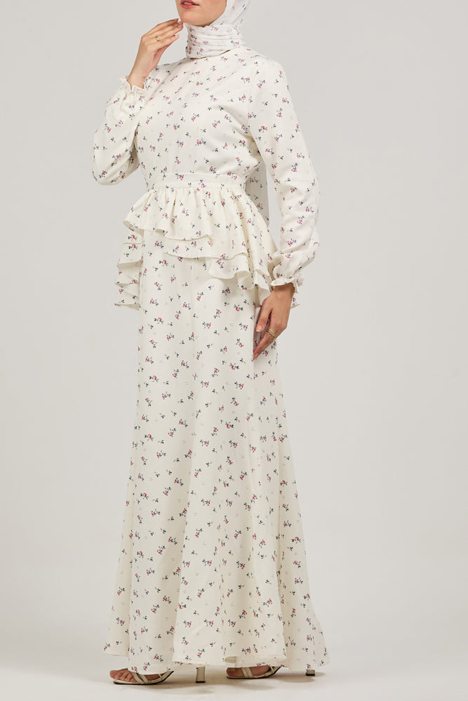 Serene Delicate Floral Crepe Polyester Maxi Dress with Layered Peplum - ANNAH HARIRI