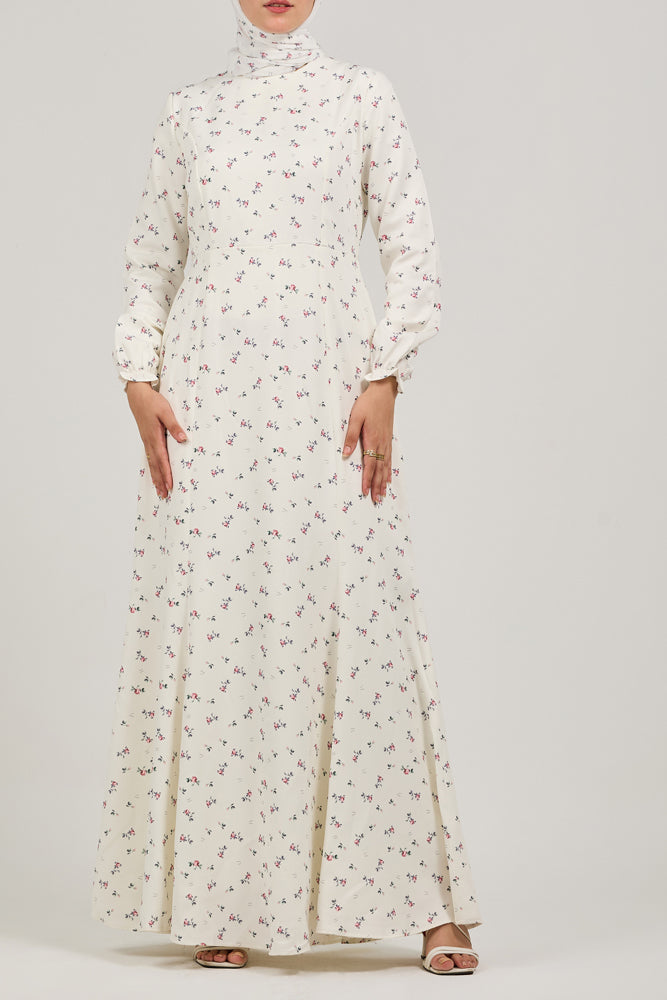 Serene Delicate Floral Crepe Polyester Maxi Dress with Layered Peplum - ANNAH HARIRI