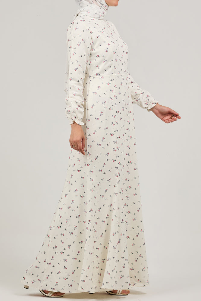 Serene Delicate Floral Crepe Polyester Maxi Dress with Layered Peplum - ANNAH HARIRI