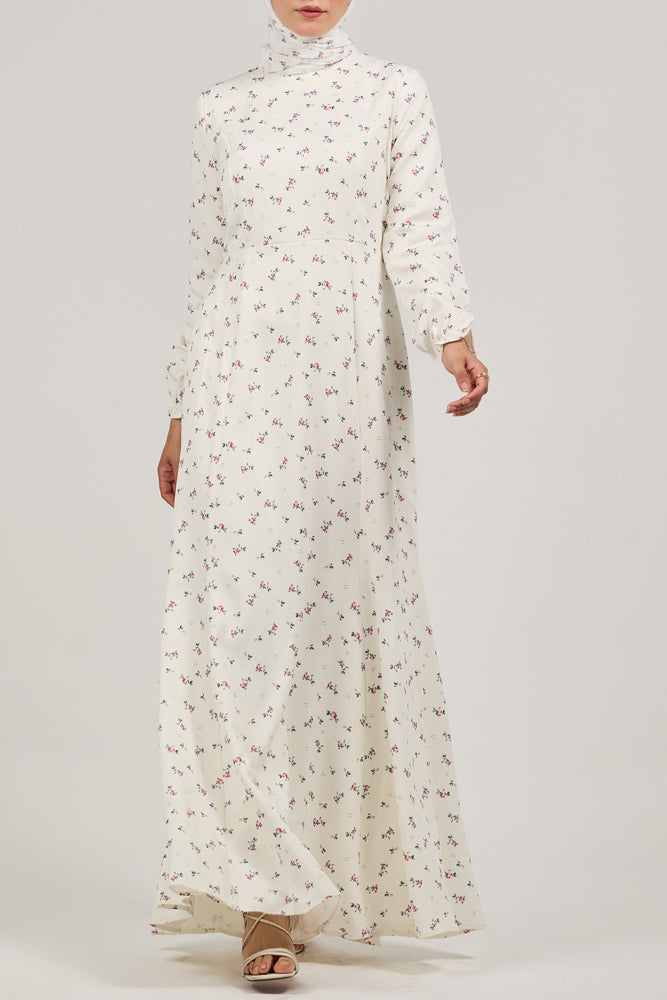 Serene Delicate Floral Crepe Polyester Maxi Dress with Layered Peplum - ANNAH HARIRI