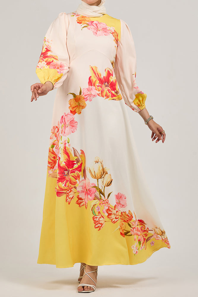 Sublime Elegance Bloom Polymix Maxi Dress with Floral Print - ANNAH HARIRI