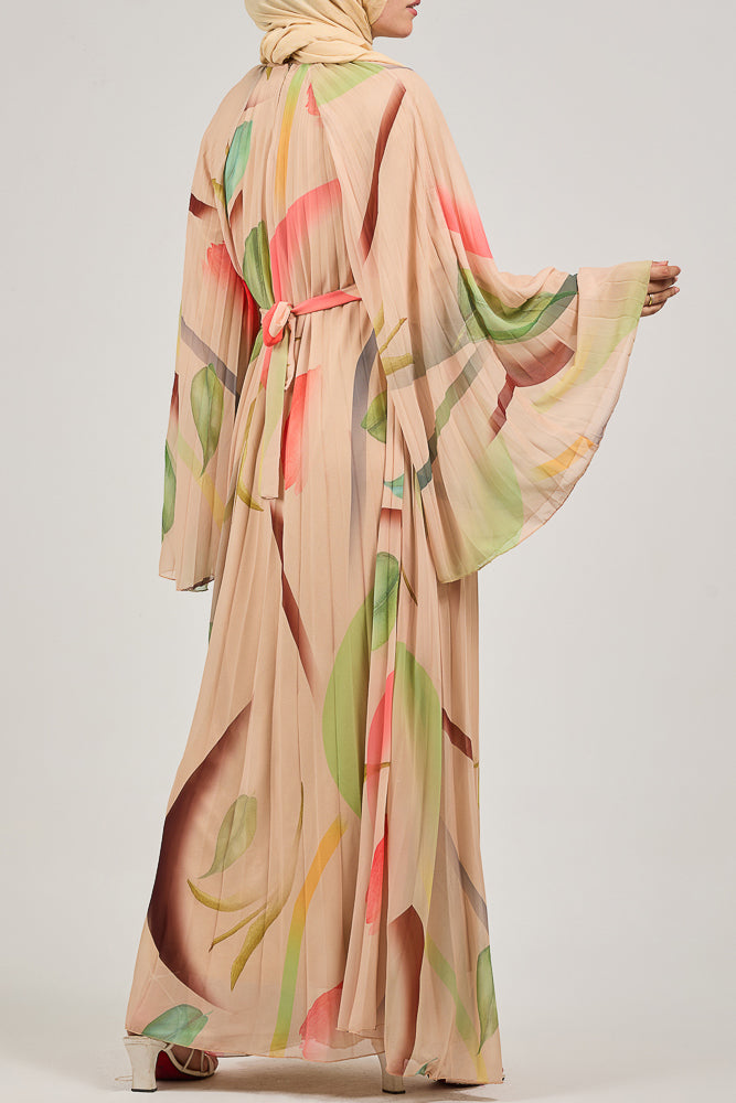 Olyndra Lush Chiffon Watercolor Floral Maxi Dress with Flared Sleeves