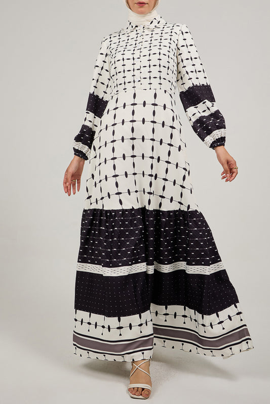 Jorielle Elegance in Monochrome: Polymix Geometric Maxi Dress