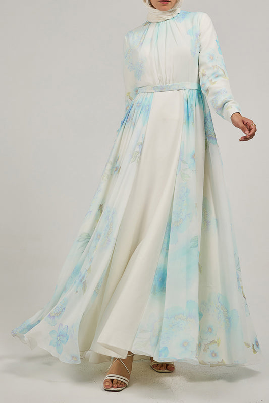 Elarae Serene Sky Chiffon Maxi Dress with Floral Print