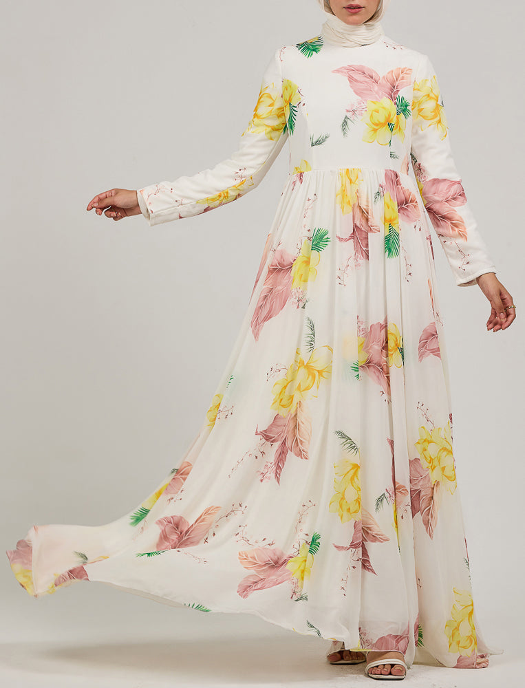 Thuraya Blossom Elegance Chiffon Maxi Dress with Floral Print - ANNAH HARIRI