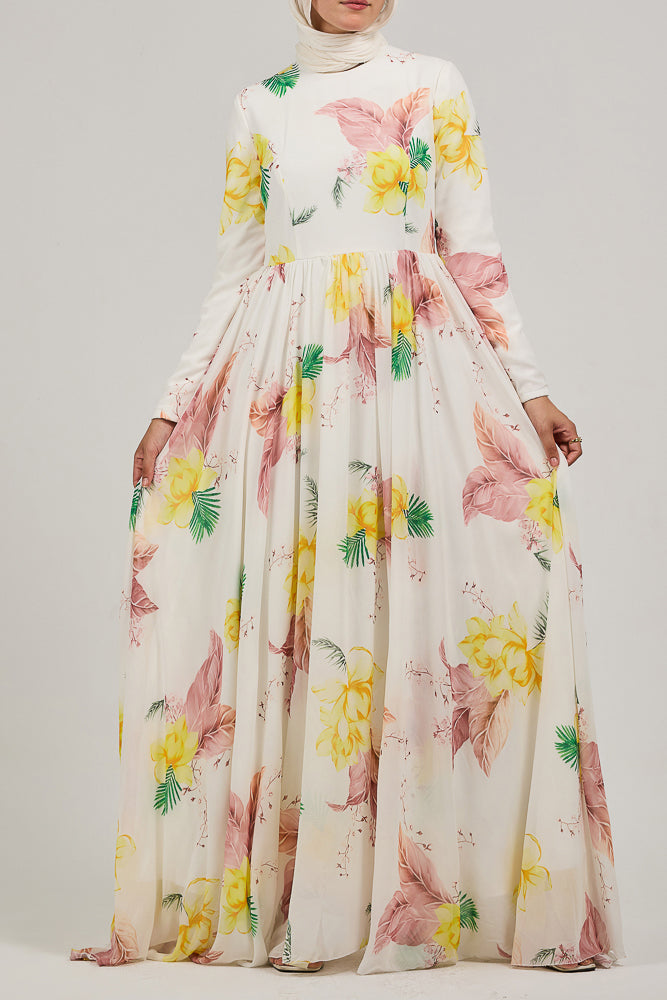 Thuraya Blossom Elegance Chiffon Maxi Dress with Floral Print - ANNAH HARIRI