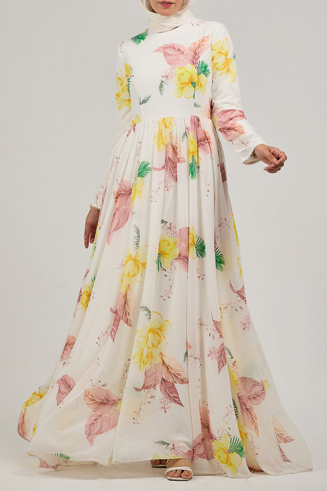 Thuraya Blossom Elegance Chiffon Maxi Dress with Floral Print - ANNAH HARIRI