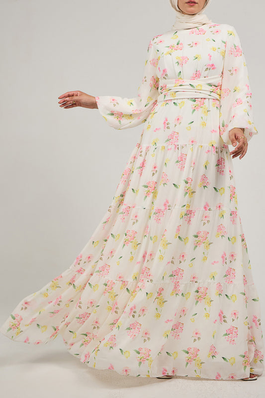 Fenara Floral Harmony Chiffon Maxi Dress with Enchanted Sleeves and Waist Tie
