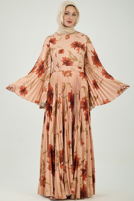 Naya Elegance Crepe Maxi Dress with Pleated Bell Sleeves in Bold Floral Print