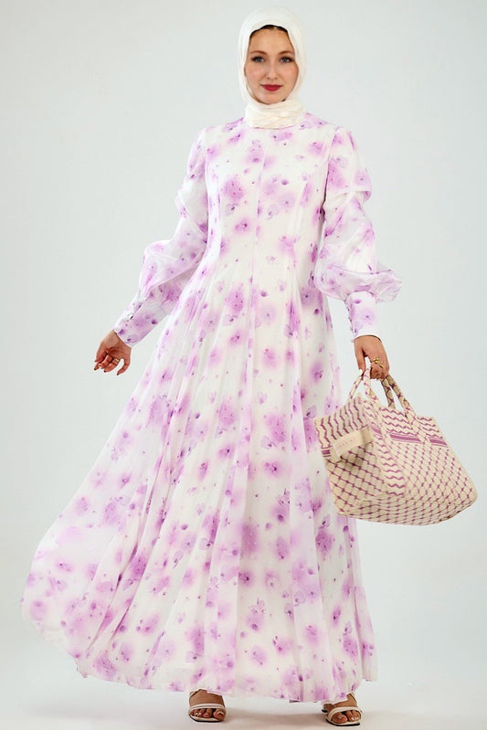 Basma Flared Sleeve High Neck Maxi Dress in Floral Chiffon