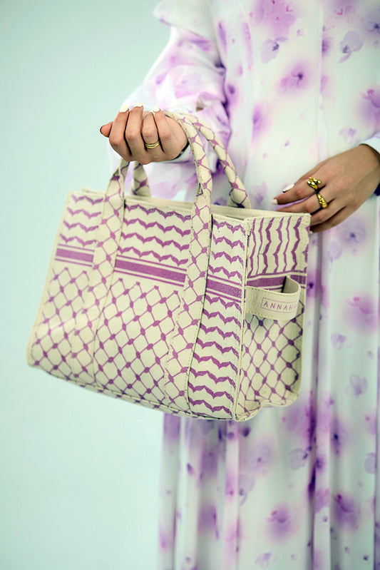 Stylish Medium Tote with Pink Keffiyeh Pattern - Durable Cotton Canvas - ANNAH HARIRI