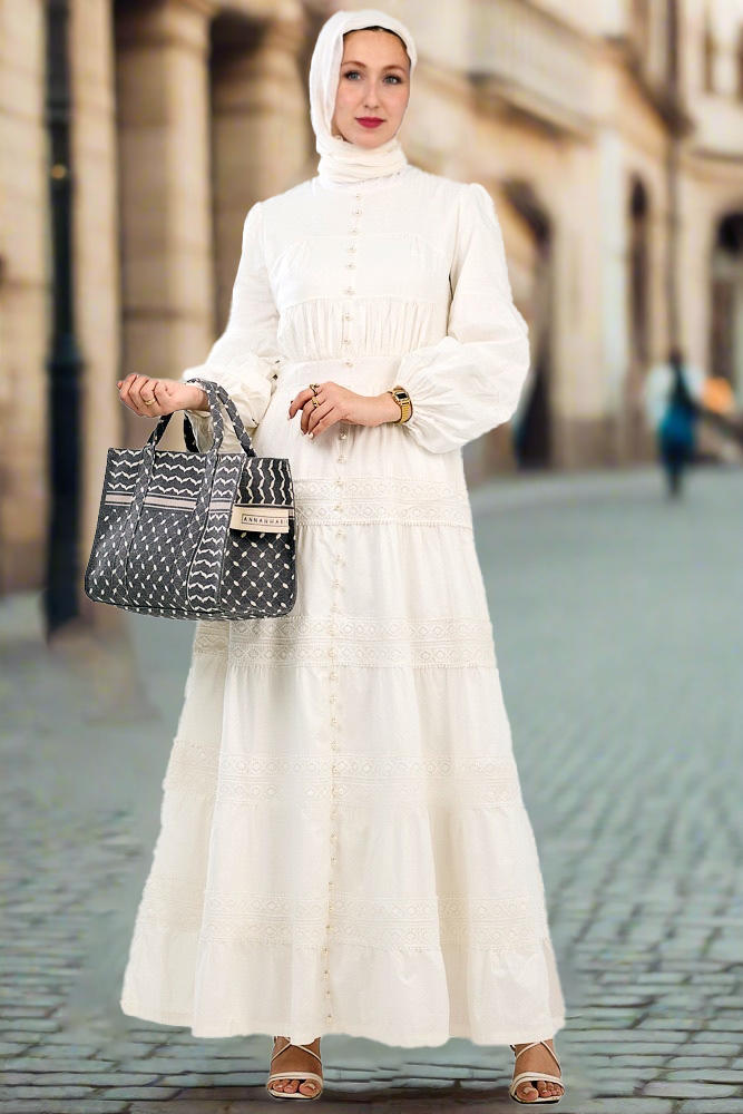 Manisa Long Sleeve Boho Maxi Dress with Delicate Mock Buttons and Lace Detail Skirt in White - ANNAH HARIRI