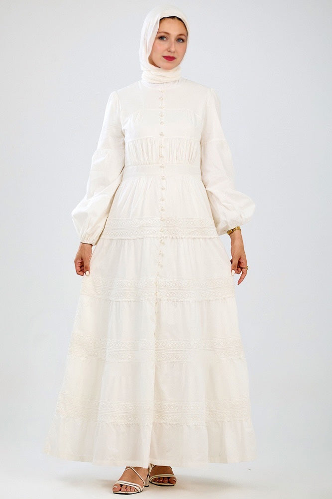 Manisa Long Sleeve Boho Maxi Dress with Delicate Mock Buttons and Lace Detail Skirt in White - ANNAH HARIRI