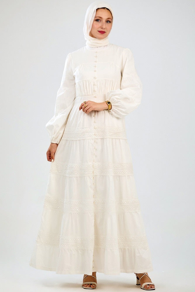 Manisa Long Sleeve Boho Maxi Dress with Delicate Mock Buttons and Lace Detail Skirt in White - ANNAH HARIRI