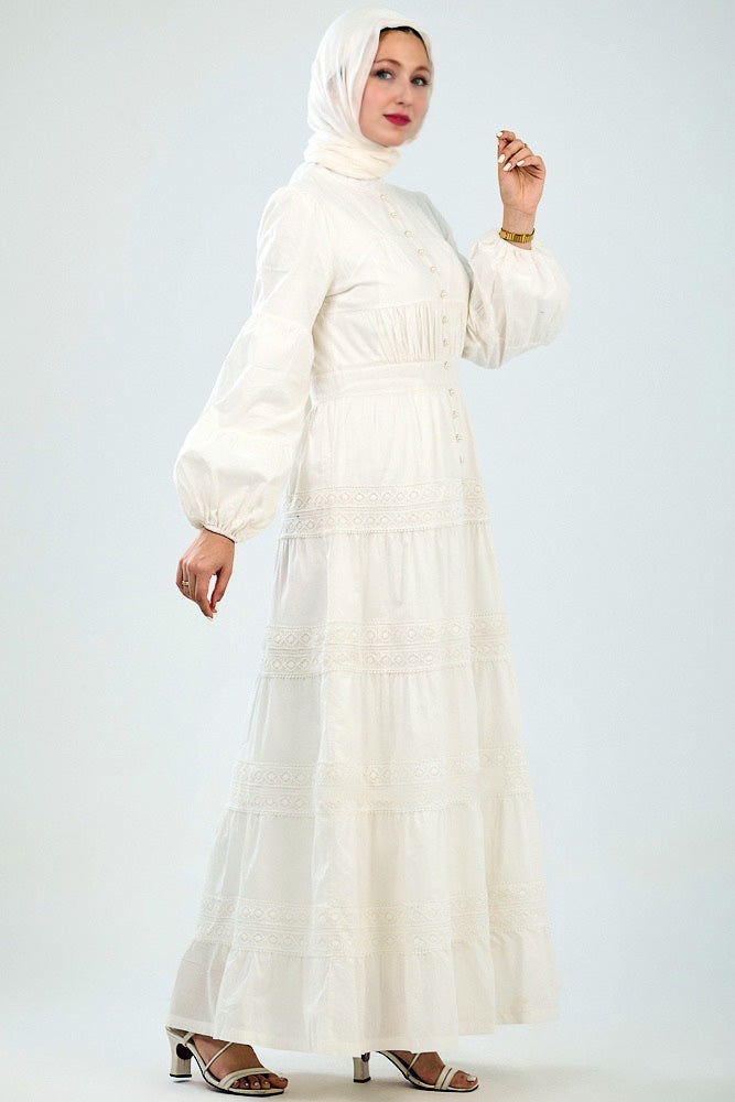 Manisa Long Sleeve Boho Maxi Dress with Delicate Mock Buttons and Lace Detail Skirt in White - ANNAH HARIRI