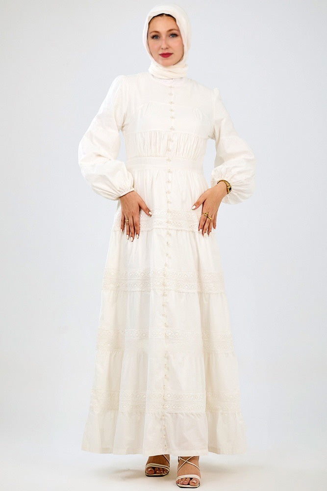 Manisa Long Sleeve Boho Maxi Dress with Delicate Mock Buttons and Lace Detail Skirt in White - ANNAH HARIRI