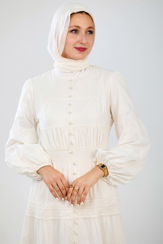 Manisa Long Sleeve Boho Maxi Dress with Delicate Mock Buttons and Lace Detail Skirt in White - ANNAH HARIRI