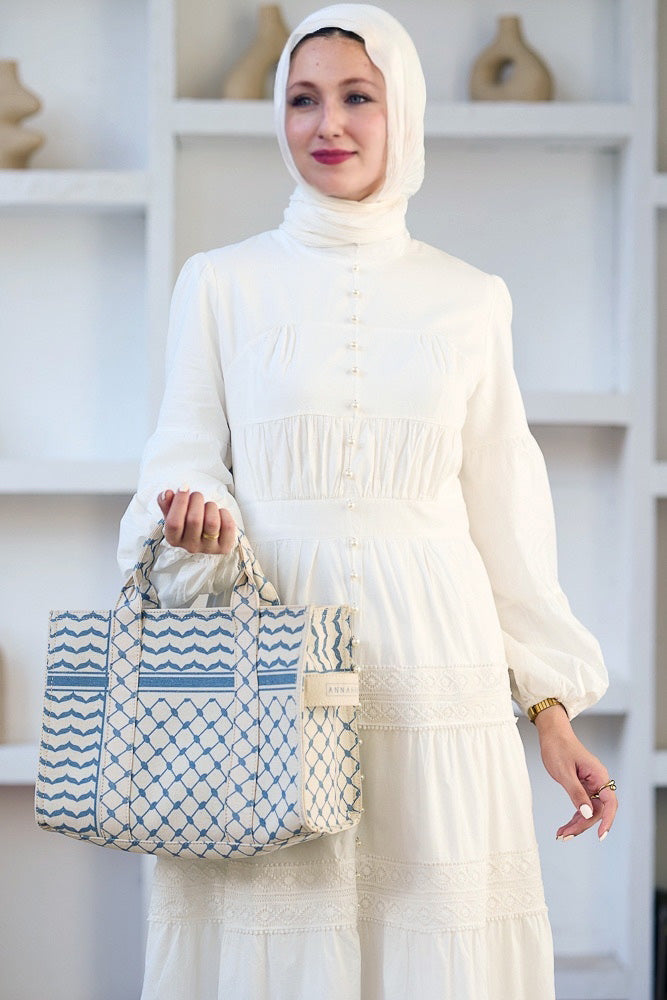 Blue and Cream Keffiyeh Pattern Medium Tote - Durable Cotton Canvas Design - ANNAH HARIRI