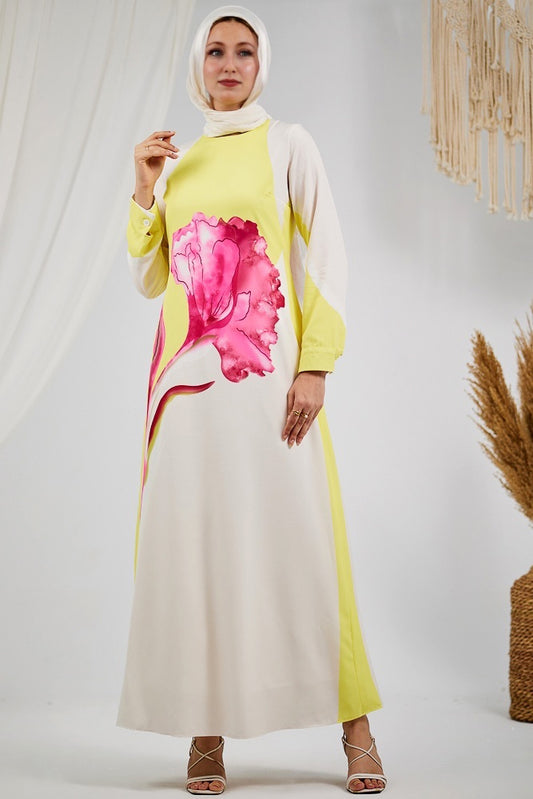 Fatina Elegant Satin Floral Maxi Dress with Side Panel Details