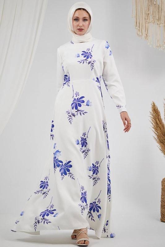 Fatimah Elegant Floral Crepe Polyester Maxi Dress with Long Sleeves