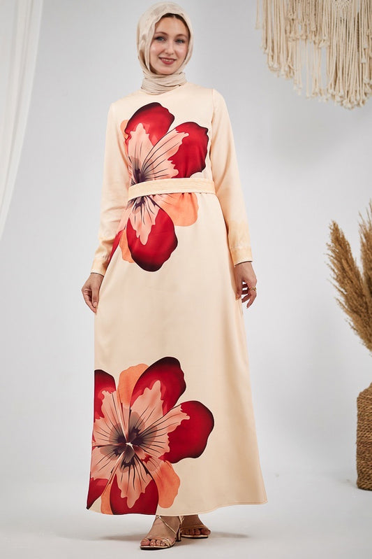 Lujainah Blossom Elegance Crepe Polyester Maxi Dress with Bold Floral Design