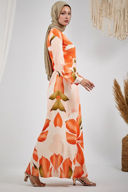 Lamya Radiant Floral Satin Maxi Dress with Belt and Lined Sleeves
