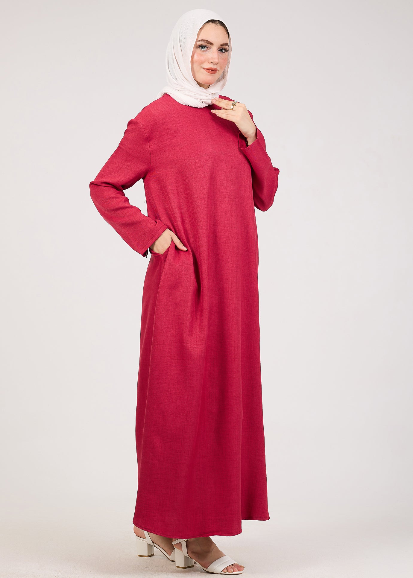 Dark Pink Kira loose slip dress with pockets in maxi length and with long sleeve