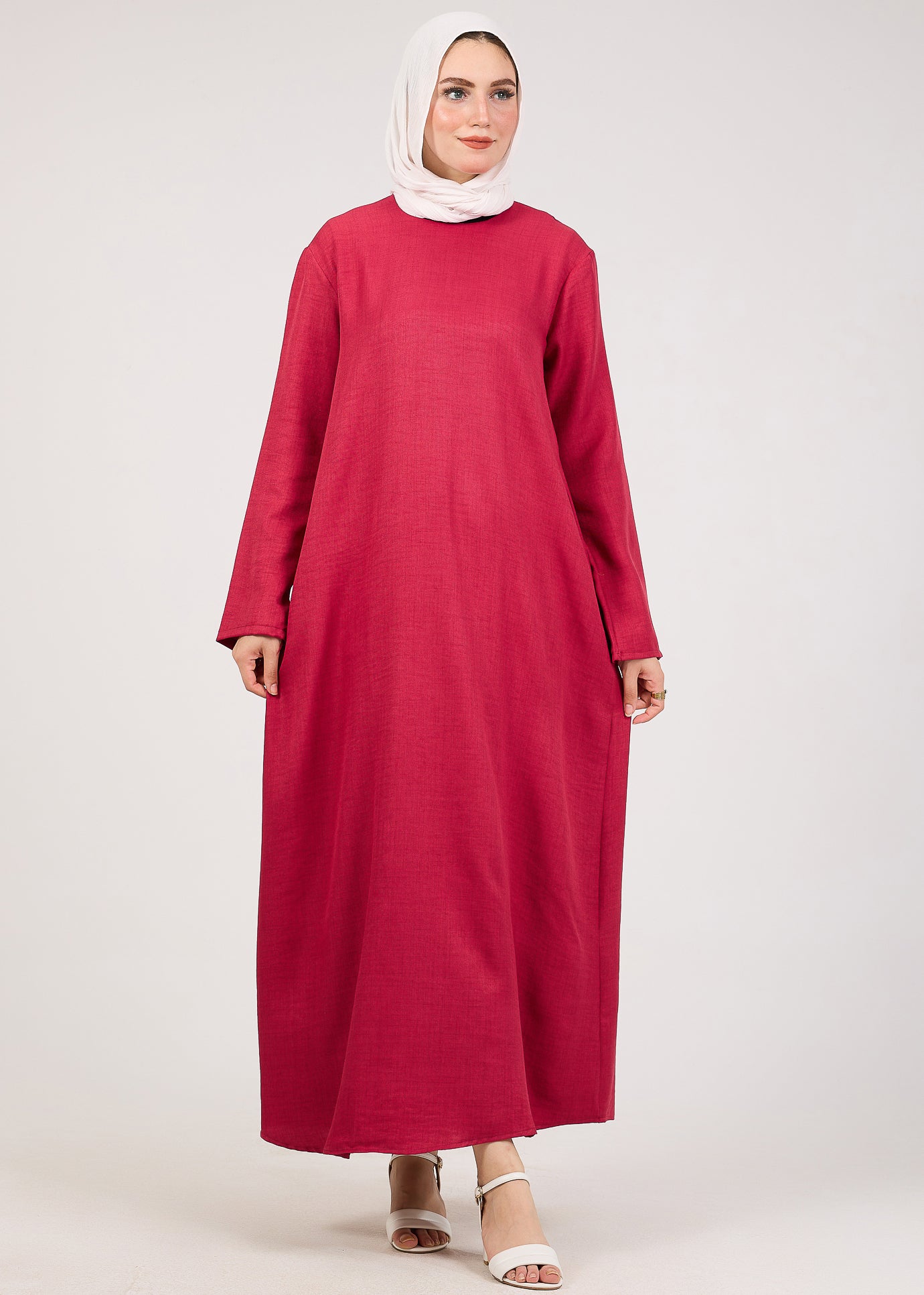 Dark Pink Kira loose slip dress with pockets in maxi length and with long sleeve