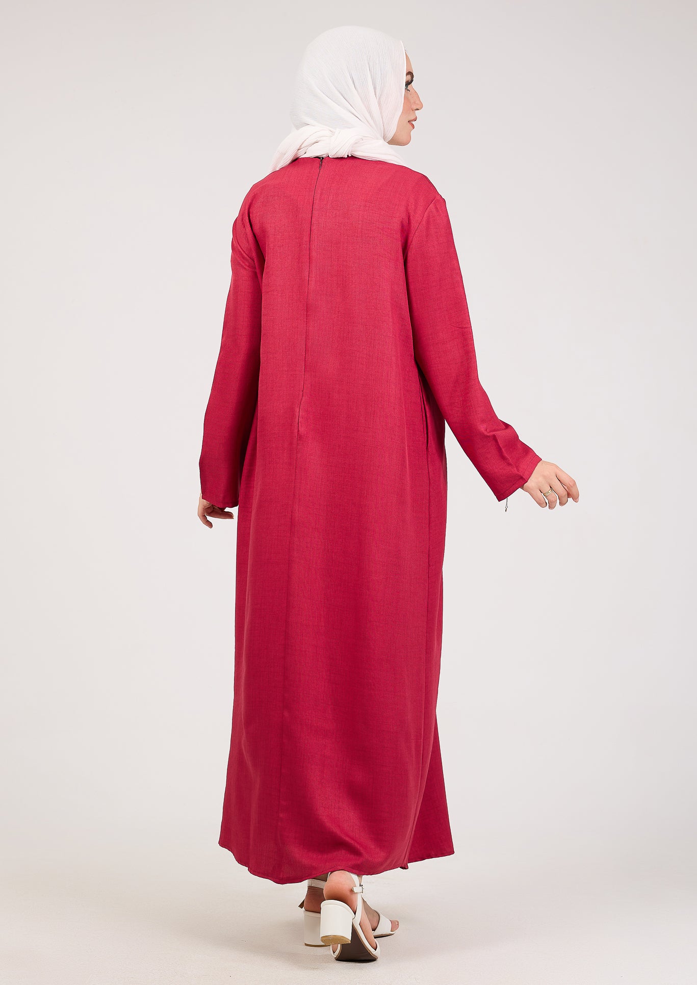 Dark Pink Kira loose slip dress with pockets in maxi length and with long sleeve