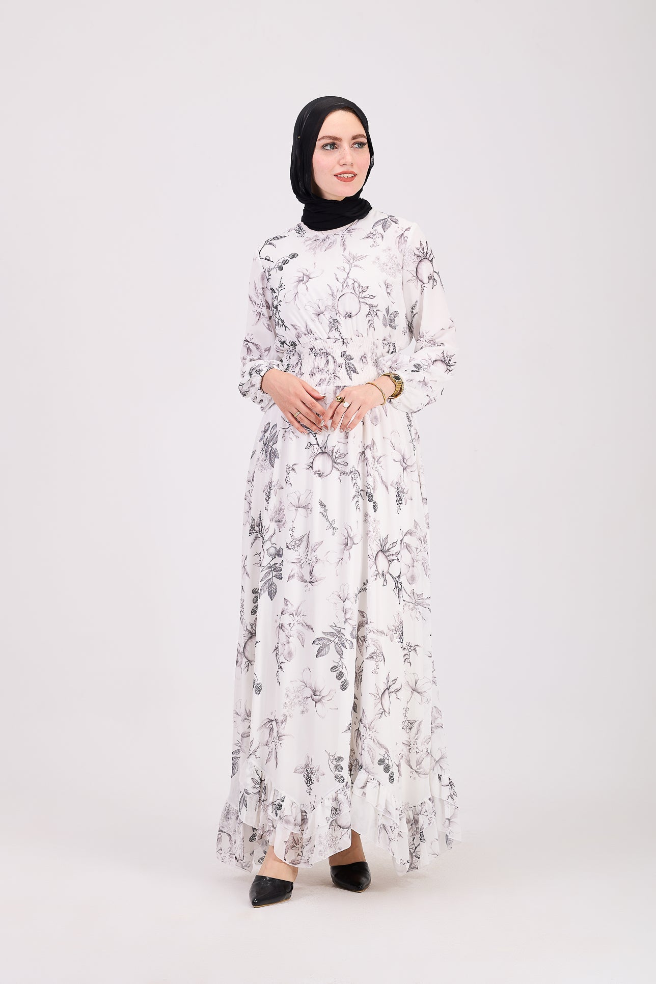 Sawsan Ethereal Floral Chiffon Maxi Dress with Cinched Waist