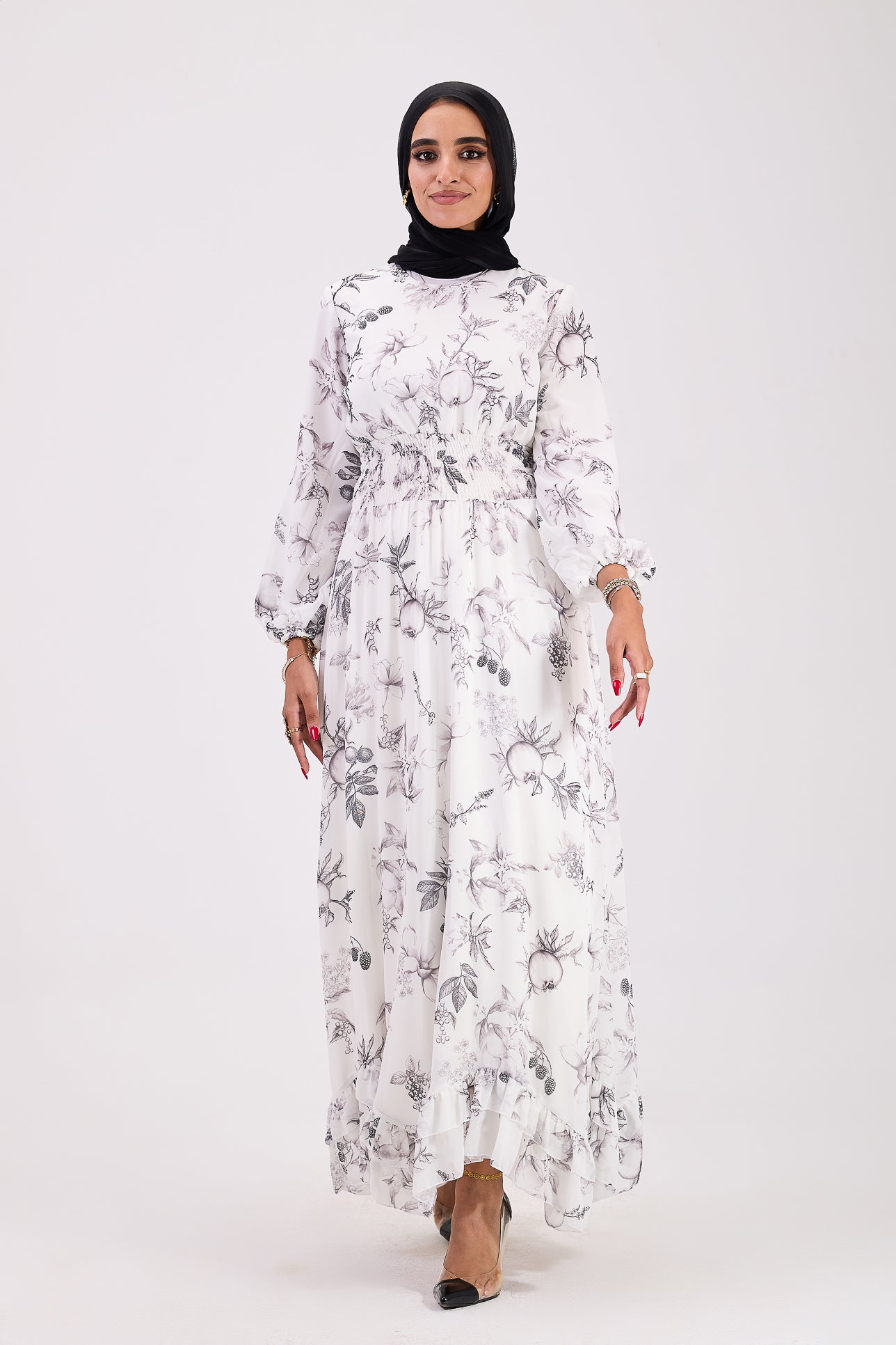 Sawsan Ethereal Floral Chiffon Maxi Dress with Cinched Waist