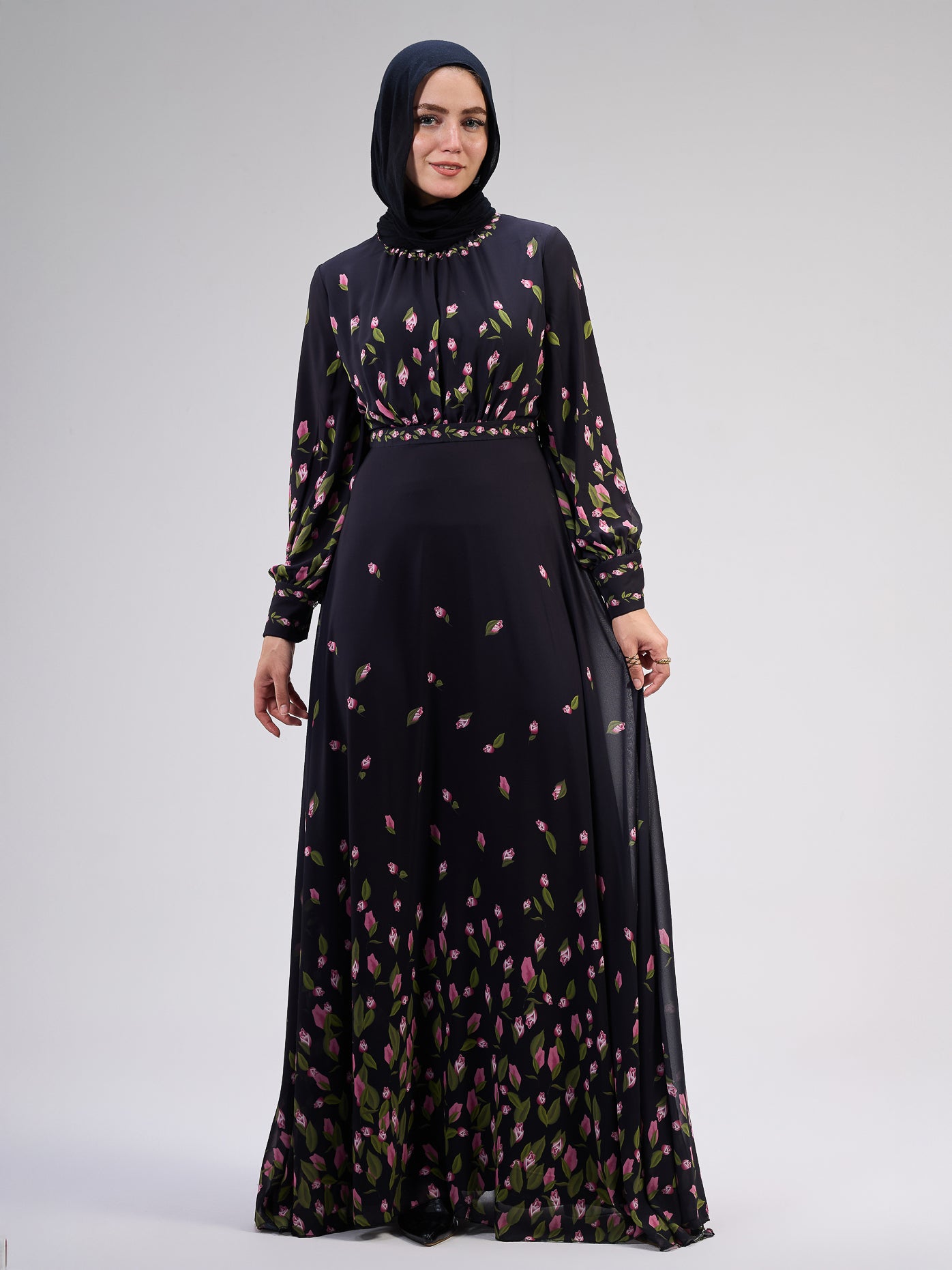 Muneera Evelyn Chiffon Floral Maxi Dress with Empire Waist and Flared Sleeves