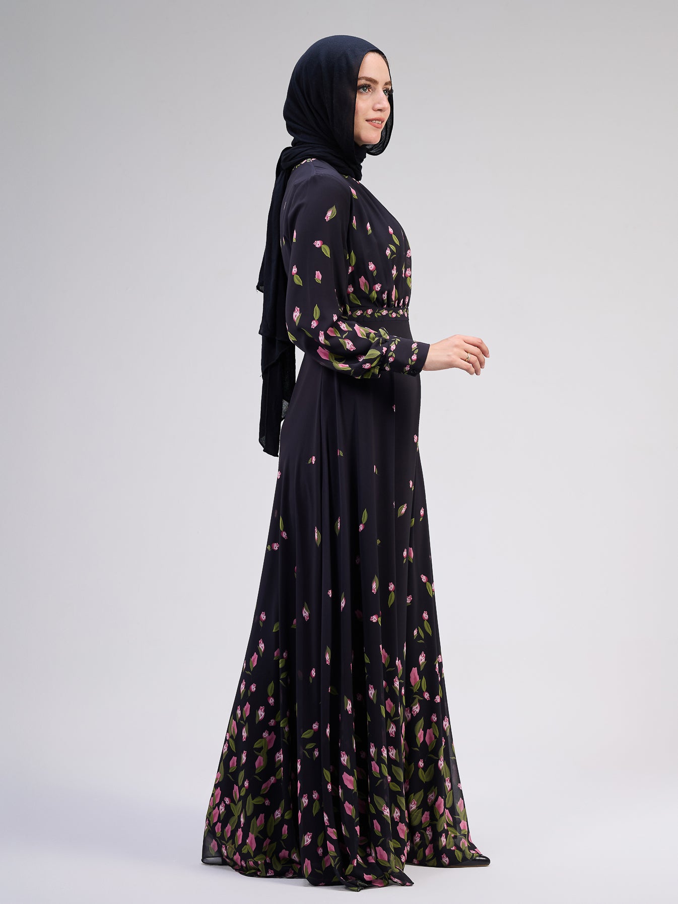 Muneera Evelyn Chiffon Floral Maxi Dress with Empire Waist and Flared Sleeves