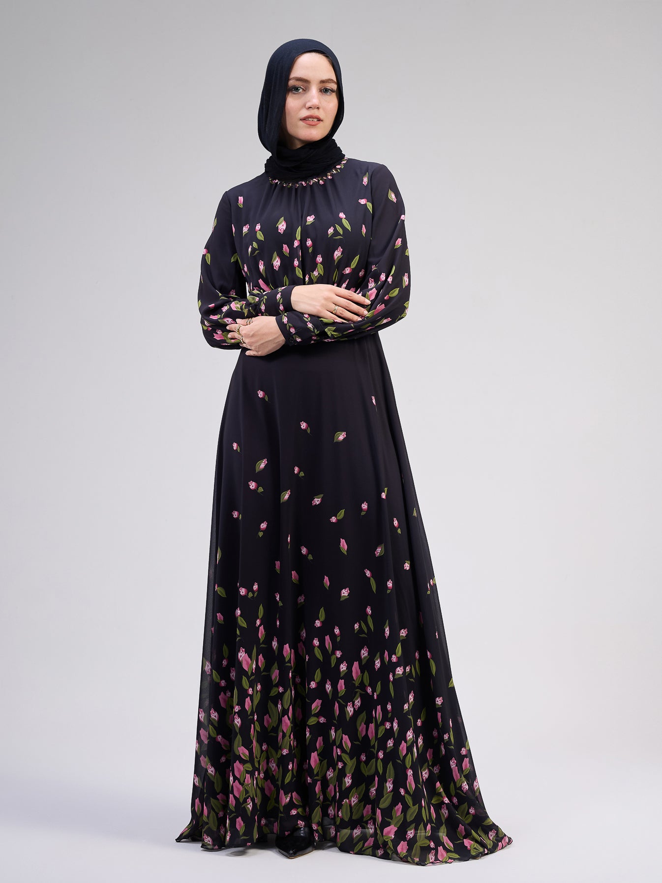 Muneera Evelyn Chiffon Floral Maxi Dress with Empire Waist and Flared Sleeves