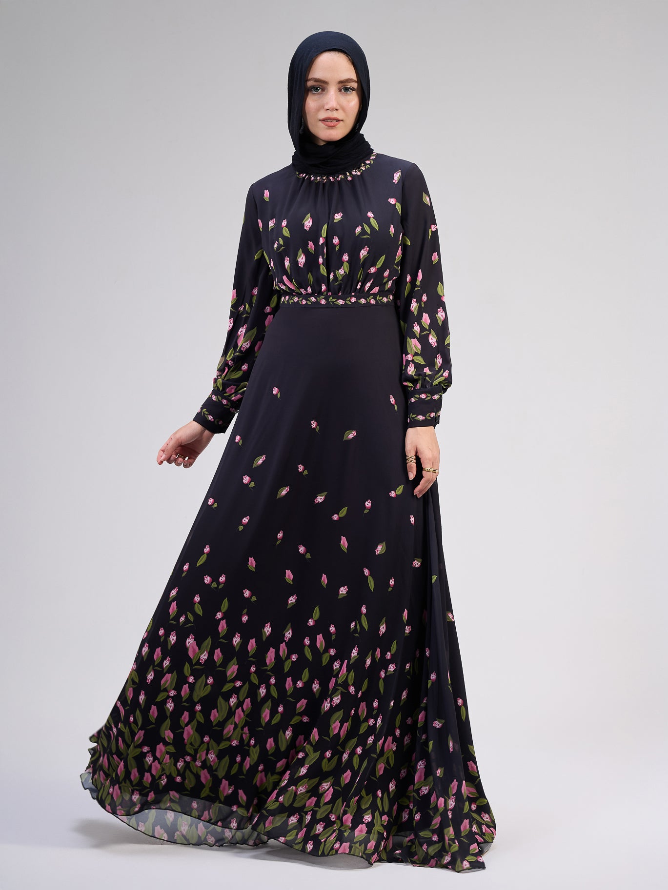 Muneera Evelyn Chiffon Floral Maxi Dress with Empire Waist and Flared Sleeves