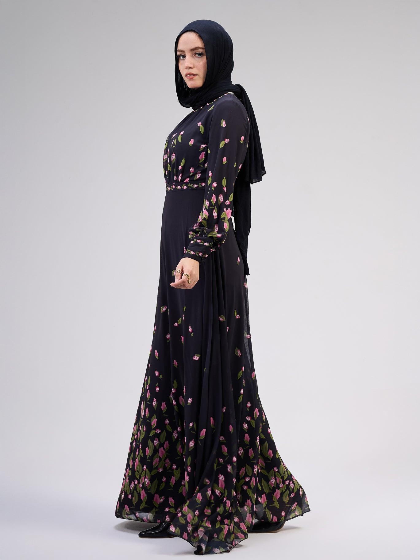 Muneera Evelyn Chiffon Floral Maxi Dress with Empire Waist and Flared Sleeves