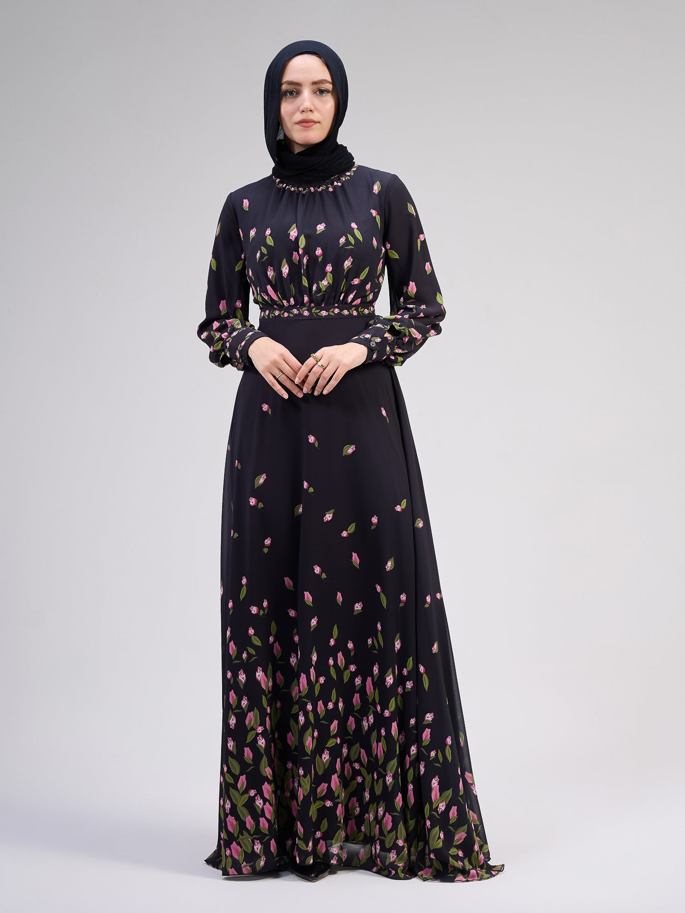 Muneera Evelyn Chiffon Floral Maxi Dress with Empire Waist and Flared Sleeves