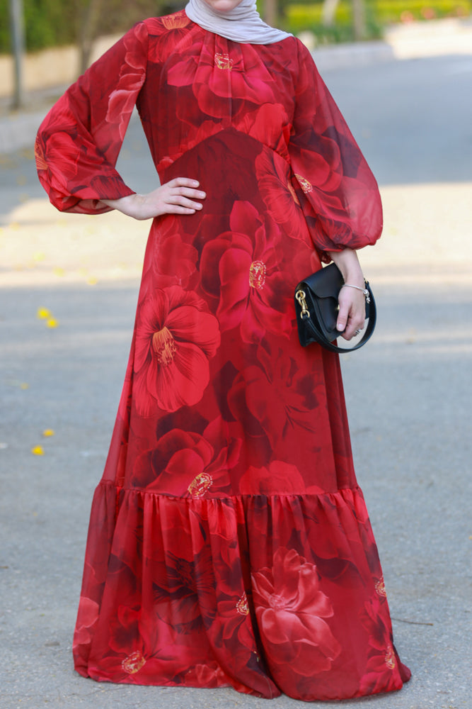 Tasneem empire waist chiffon bold flower print dress in red fully line with elasticated cuff sleeves - ANNAH HARIRI