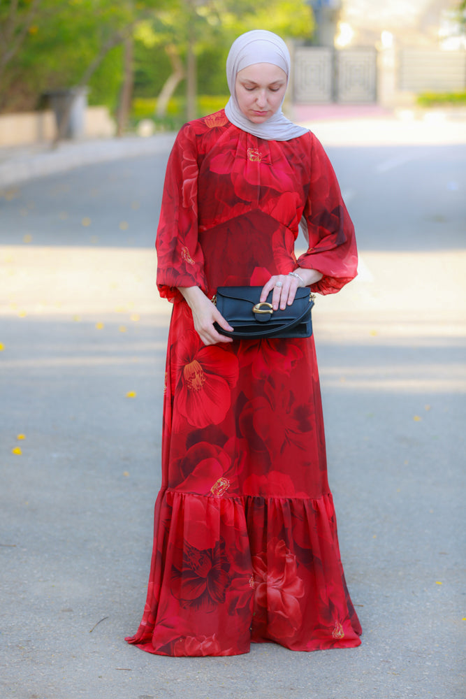 Tasneem empire waist chiffon bold flower print dress in red fully line with elasticated cuff sleeves - ANNAH HARIRI