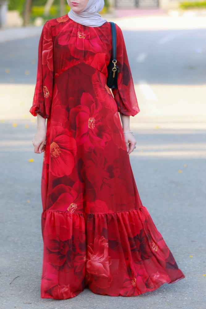 Tasneem empire waist chiffon bold flower print dress in red fully line with elasticated cuff sleeves - ANNAH HARIRI