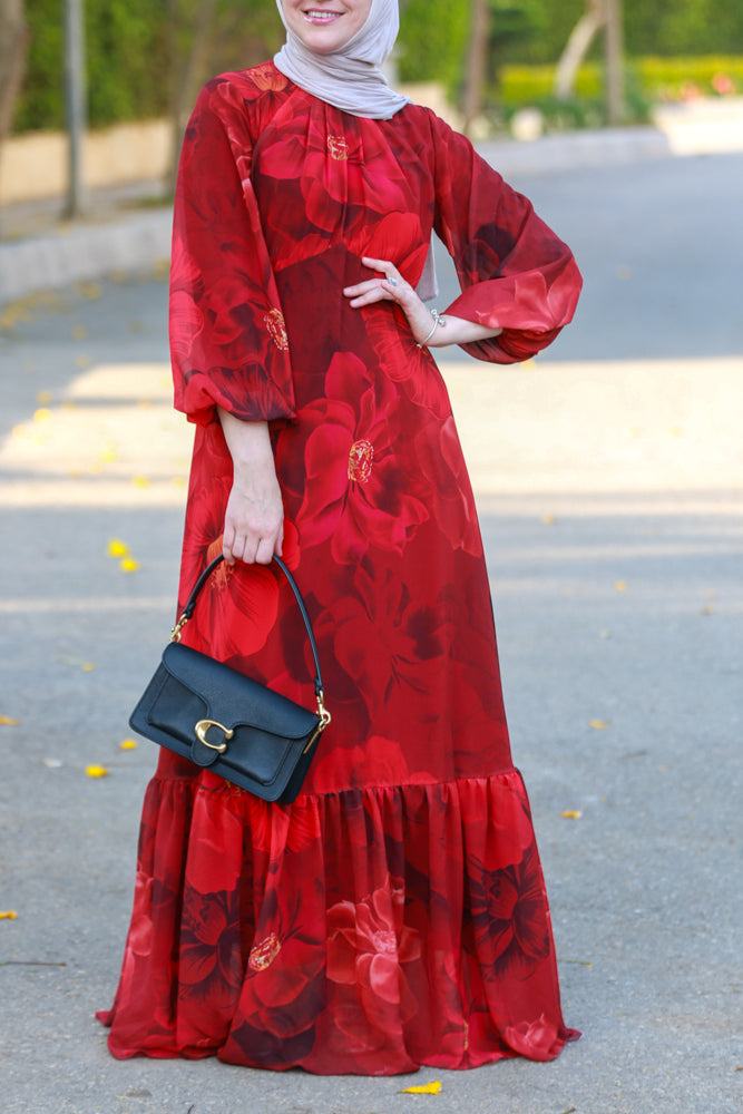 Tasneem empire waist chiffon bold flower print dress in red fully line with elasticated cuff sleeves - ANNAH HARIRI