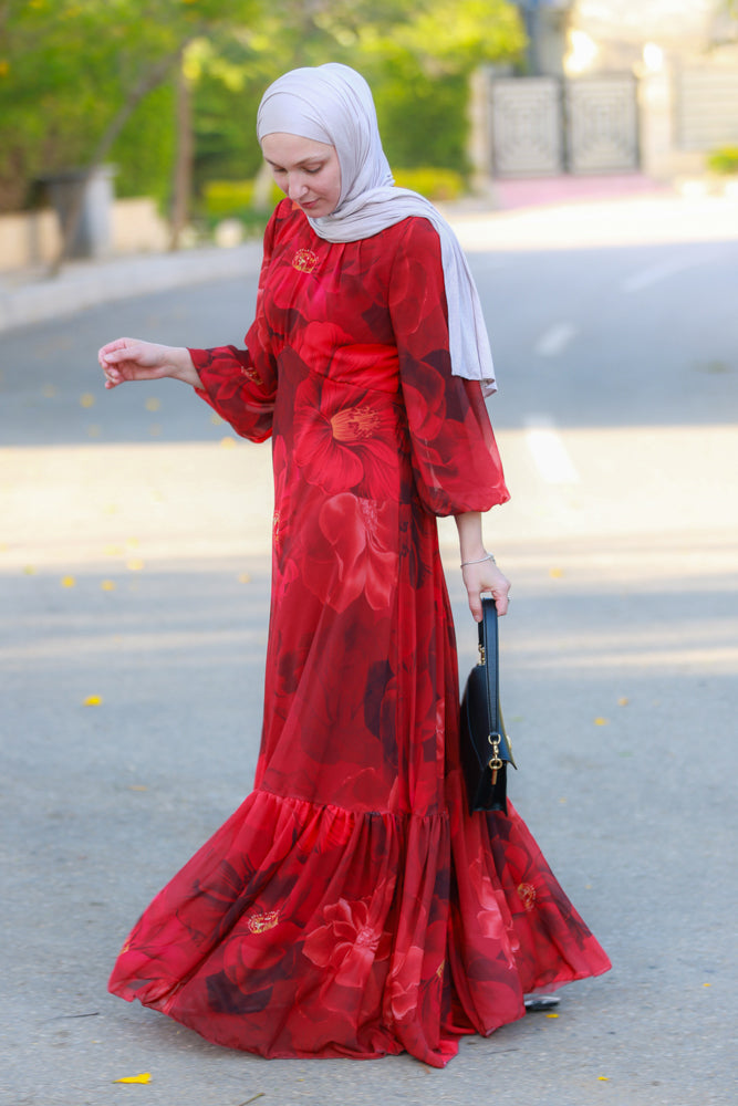 Tasneem empire waist chiffon bold flower print dress in red fully line with elasticated cuff sleeves - ANNAH HARIRI