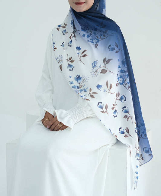 Blue Ombre Floral scarf rectangular hijab in chiffon premium quality - ANNAH HARIRI