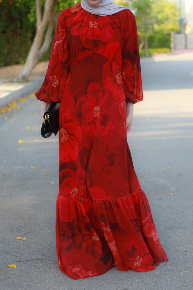 Tasneem empire waist chiffon bold flower print dress in red fully line with elasticated cuff sleeves - ANNAH HARIRI