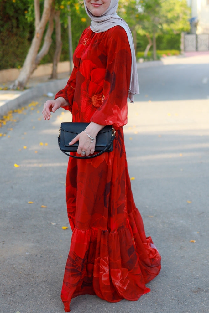 Tasneem empire waist chiffon bold flower print dress in red fully line with elasticated cuff sleeves - ANNAH HARIRI